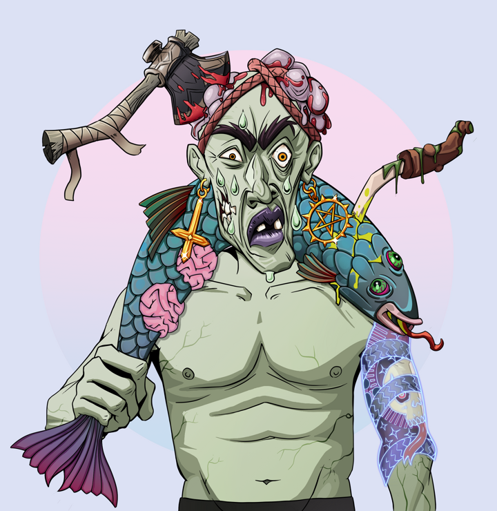 Stresshead Rin — Degen Dojo NFT art (Golden Jesuit Crosses, Purple Night, Demons, Skull Sleeve, Stresshead Rin, Shirtless Runt, Splitting Axe Ache, Dead Fish, Mint)