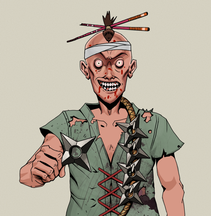 Assassin Fuzen — Degen Dojo NFT art (Shirtless Runt, Warm Grey, Degens, Dirty Peasant Rags, Assassin Fuzen, Hair Bun With Chopsticks, Shuriken Belt, Mint)