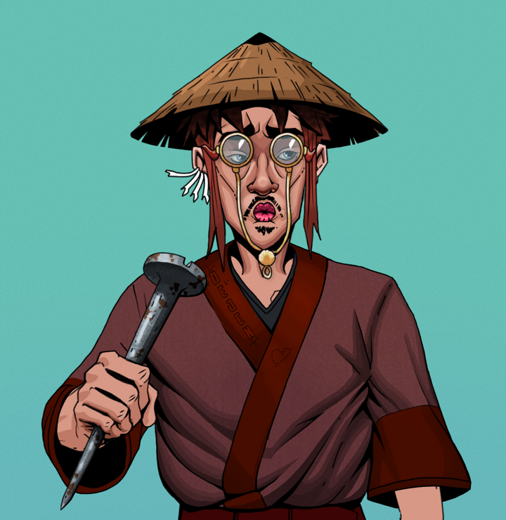 Masumi Steel — Degen Dojo NFT art (Chicken Bones, Teal Daytime, Degens, Proud Dejen Kimono, Masumi Steel, Pompous Glasses, Rice Hat, Rusty Nail, Mint)