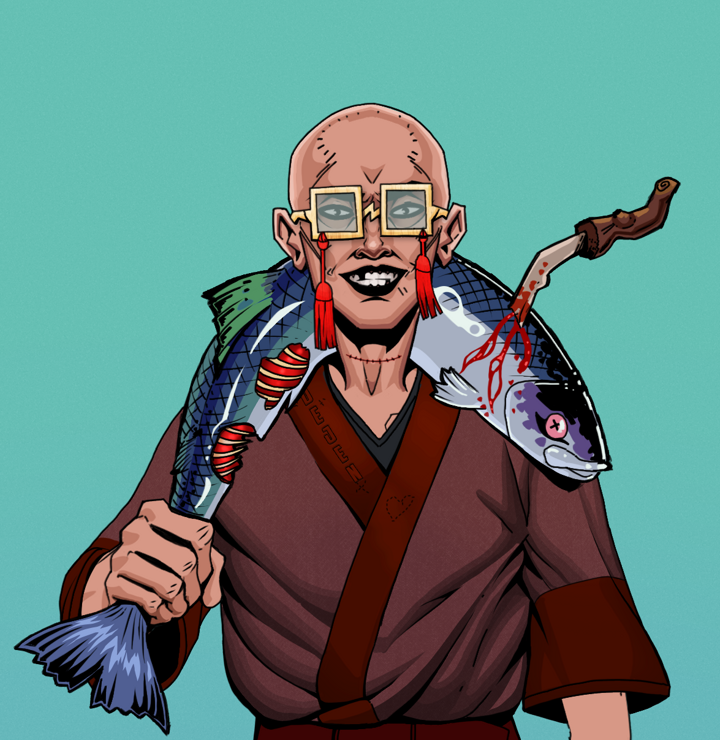 Junichiro Reborn — Degen Dojo NFT art (Shirtless Runt, Teal Daytime, Degens, Proud Dejen Kimono, Junichiro Reborn, Shoji Tassel Glasses, Bald, Dead Fish, Mint)