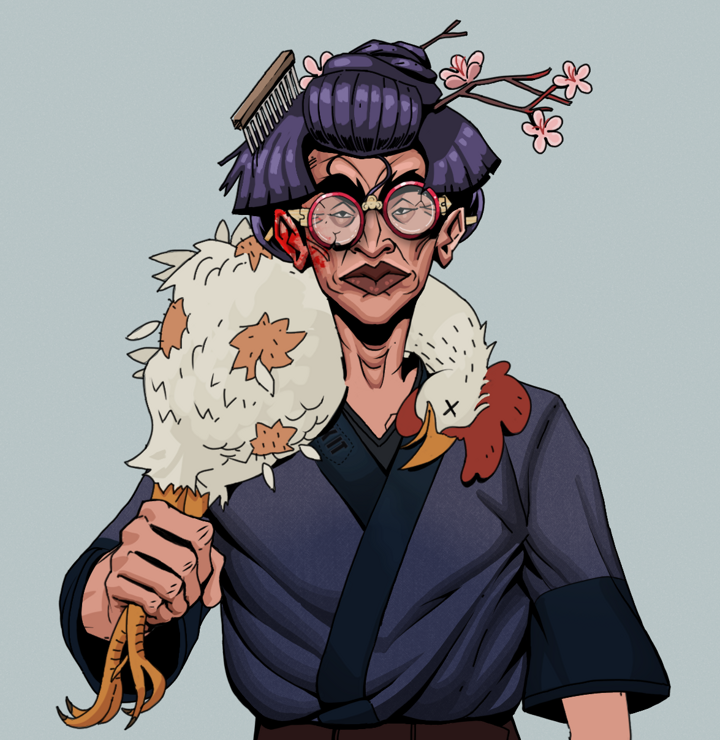 Young Yuji — Degen Dojo NFT art (Shirtless Runt, Light Grey, Degens, Fuck You Kimono, Young Yuji, Broken Glasses, Disheveled Geisha, Chicken, Mint)