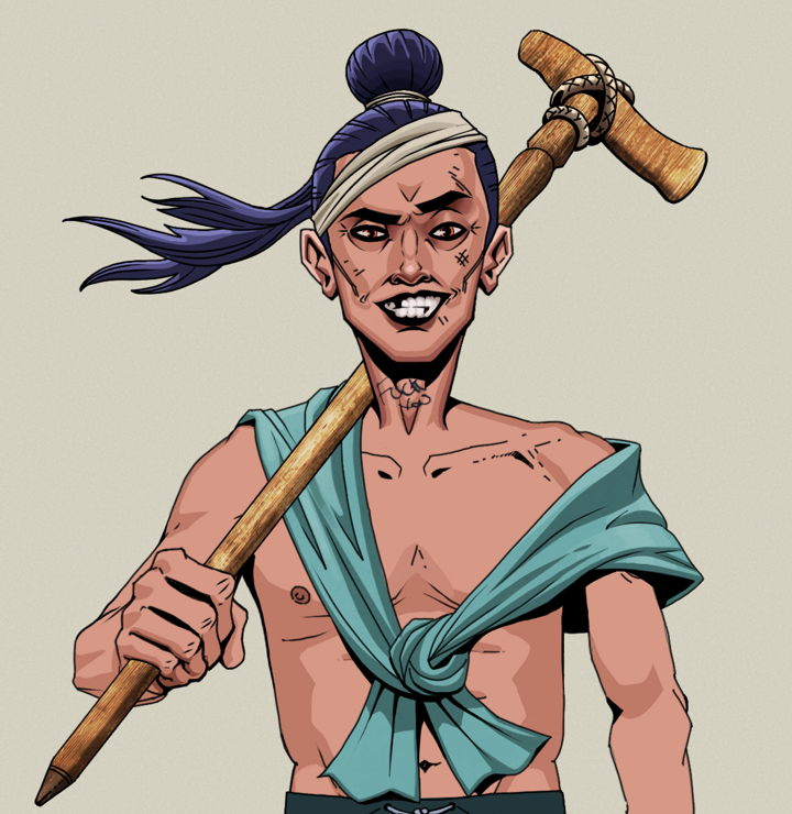 Junichiro — Degen Dojo NFT art (Shirtless Runt, Warm Grey, Degens, Queeny Chic, Junichiro, Long Flowing, Wooden Walking Cane, Mint)
