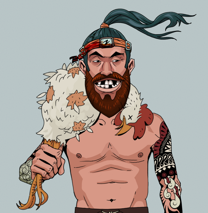 Igor The Bear — Degen Dojo NFT art (Shirtless Runt, Light Grey, Degens, Yakuza Tattoo Sleeves, Igor The Bear, Green Bandana, Chicken, Mint)