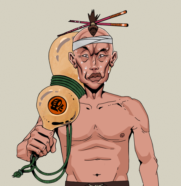 Stresshead Rin — Degen Dojo NFT art (Shirtless Runt, Warm Grey, Degens, Stresshead Rin, Hair Bun With Chopsticks, Giant Sake Bottle, Mint)