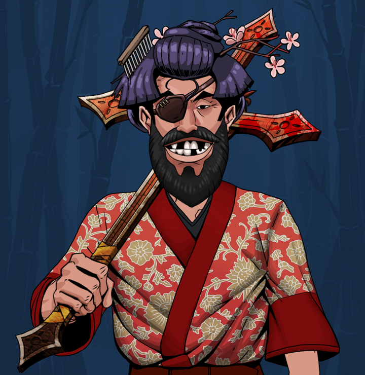 Igor The Veteran — Degen Dojo NFT art (Shirtless Runt, Night Forest, Degens, Silken Sunflower Kimono, Igor The Veteran, Disheveled Geisha, Jesuit Bloody Cross, Mint)