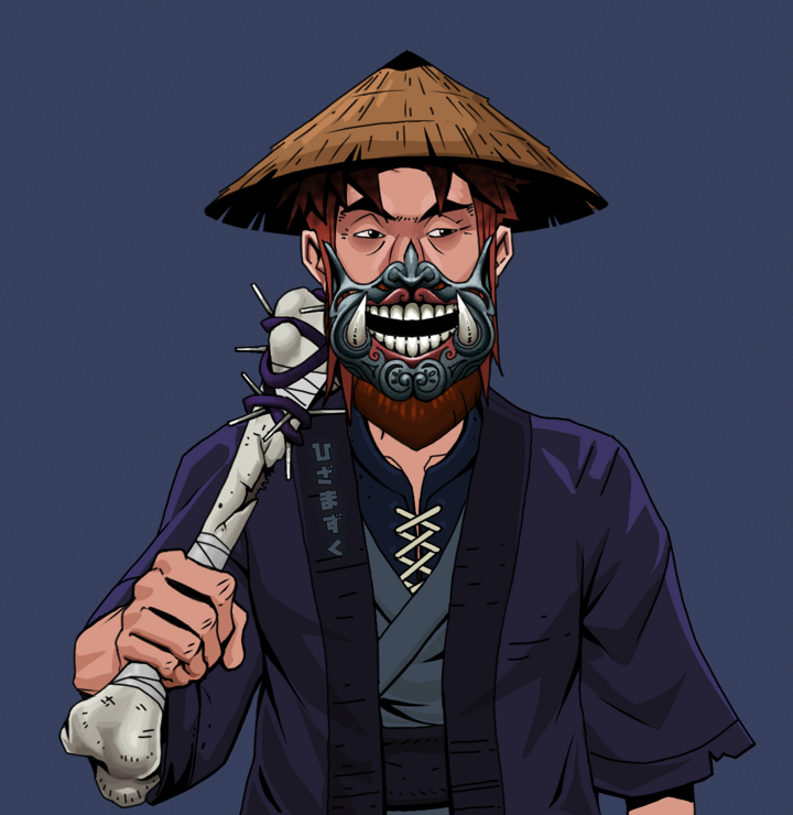 Igor The Bear — Degen Dojo NFT art (Shirtless Runt, Blue Evening, Degens, Daimyo Warrior Kimono, Igor The Bear, Hannya Half Mask, Rice Hat, Spiky Femur, Mint)
