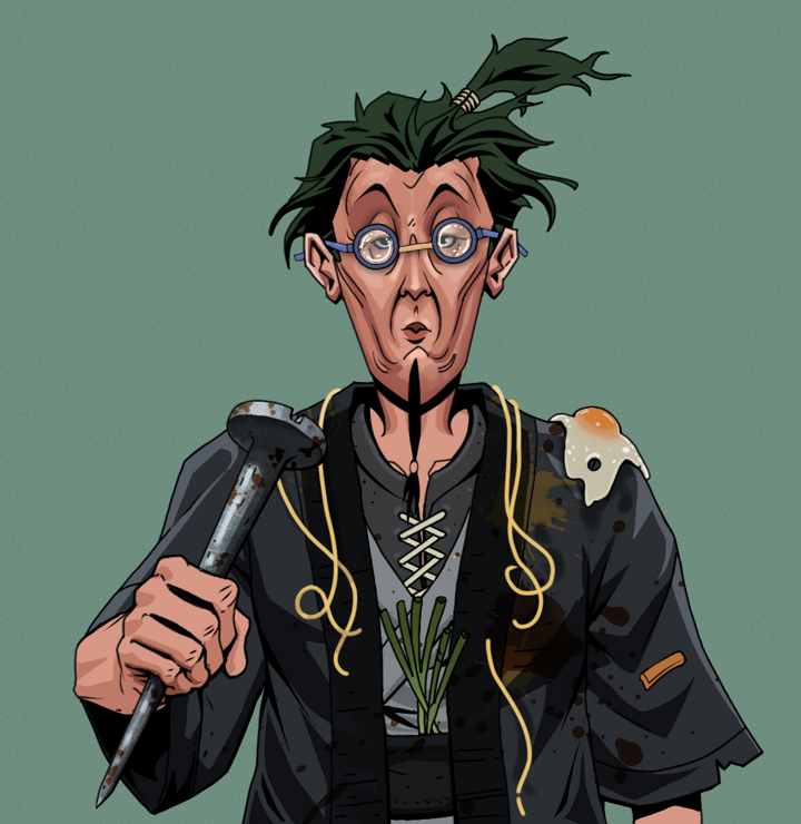 Edmundo — Degen Dojo NFT art (Shirtless Runt, Olive Green, Degens, Glutton Fight, Edmundo, Spectacles, Messy Ponytail, Rusty Nail, Mint)