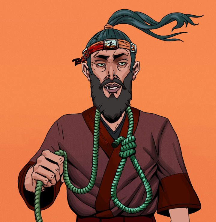Serious Oleg — Degen Dojo NFT art (Shirtless Runt, Orange Afternoon, Degens, Proud Dejen Kimono, Serious Oleg, Green Bandana, Noose, Mint)