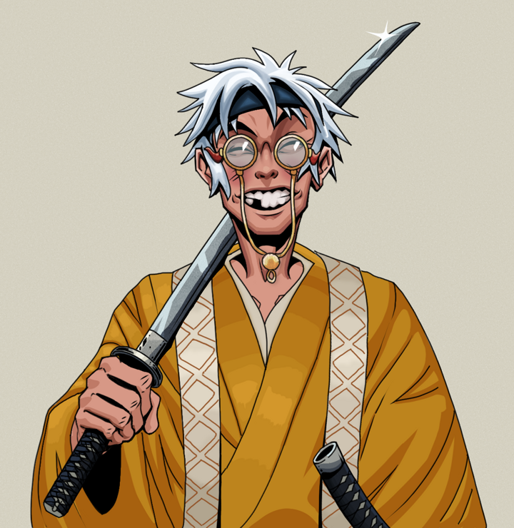 Cheery Haru — Degen Dojo NFT art (Shirtless Runt, Warm Grey, Degens, Ordained Dejen, Cheery Haru, Pompous Glasses, White Ruffian, Katana, Mint)