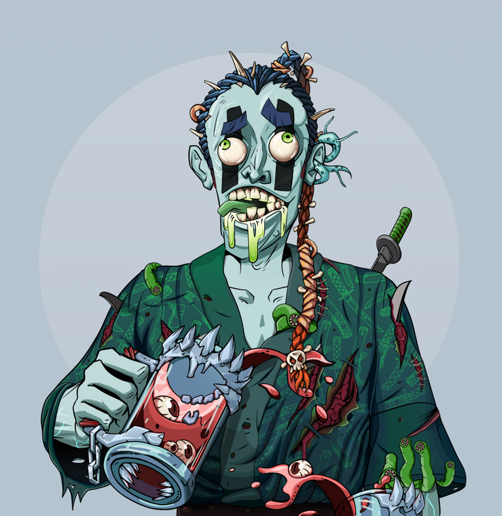 Toxic Azuma — Degen Dojo NFT art (Wooden Loop, Grey Mist, Demons, Katanajamas Kimono, Toxic Azuma, Shirtless Runt, Braided Samurai Ponytail, Beer Splash, Mint)