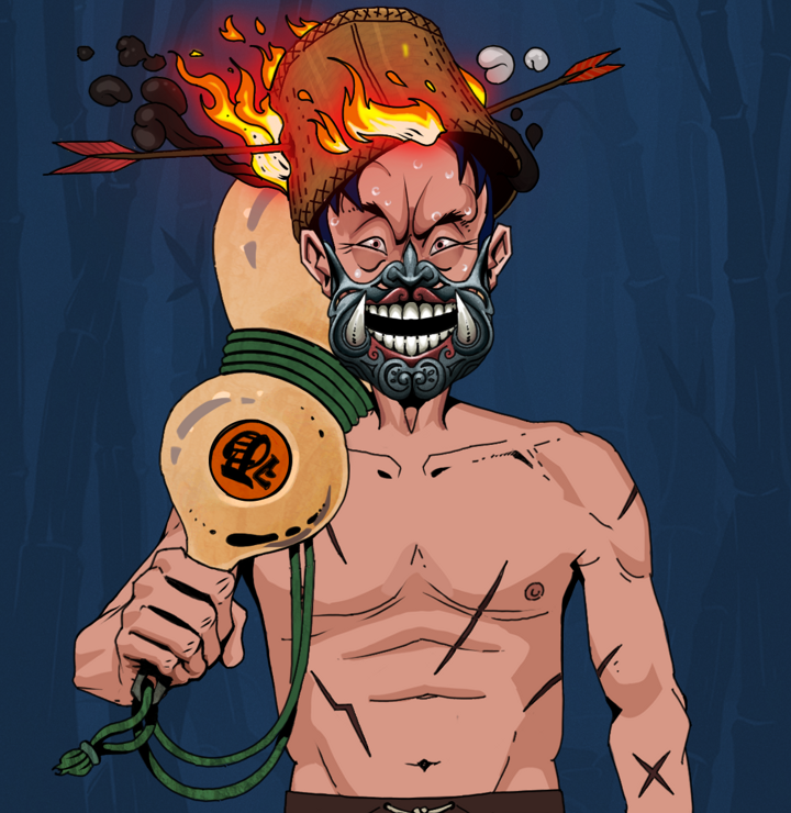 Stresshead Rin — Degen Dojo NFT art (Shirtless Runt, Night Forest, Degens, Battle Scars, Stresshead Rin, Hannya Half Mask, Burning Basket, Giant Sake Bottle, Mint)