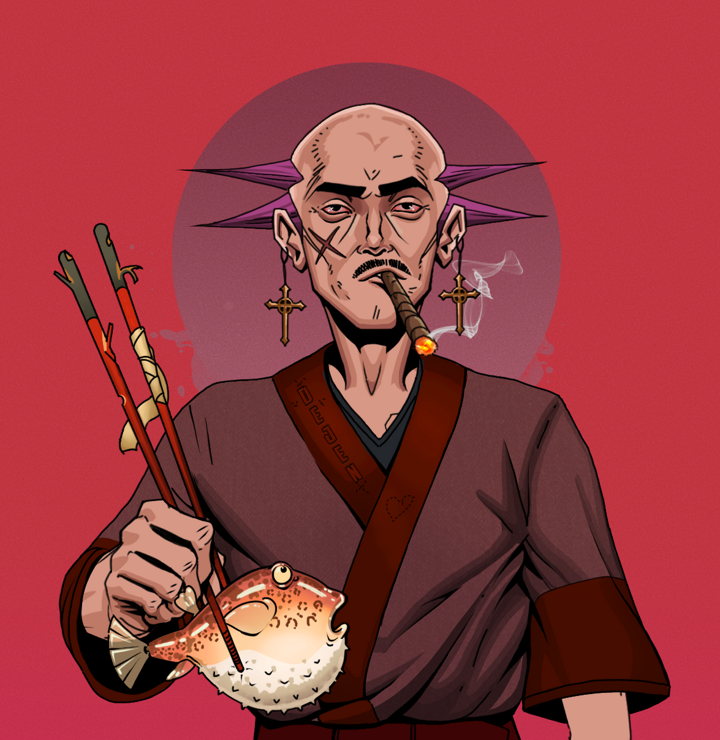 Raikou The Stoner — Degen Dojo NFT art (Jesuit Crosses, Red High Moon, Degens, Proud Dejen Kimono, Raikou The Stoner, Shirtless Runt, Dejen Mohawk, Frightened Fugu, Mint)