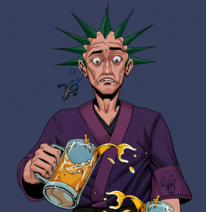 Shitless Botan — Degen Dojo NFT art (Lizard, Blue Evening, Degens, Money Kimono, Shitless Botan, Shirtless Runt, Zapachi, Beer Splash, Mint)