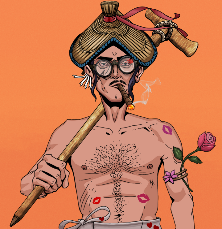 Raikou The Stoner — Degen Dojo NFT art (Chicken Bones, Orange Afternoon, Degens, Womanizer, Raikou The Stoner, Bloodied Glasses, High Straw Rice Hat, Wooden Walking Cane, Mint)