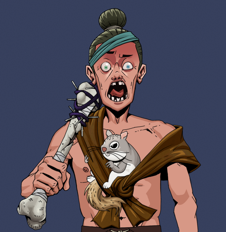Tokuda — Degen Dojo NFT art (Shirtless Runt, Blue Evening, Degens, Little Momonga Friend, Tokuda, Hair Bun, Spiky Femur, Mint)