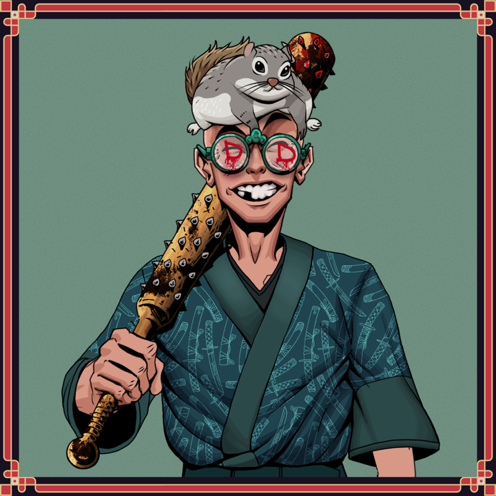 Cheery Haru — Degen Dojo NFT art (Shirtless Runt, Olive Green, Cheery Haru, Katanajamas Kimono, Degen, Dojo Graffiti, Mr. Momonga Hat, Laughing Tiger Spank, Yakuza Club, Framed)