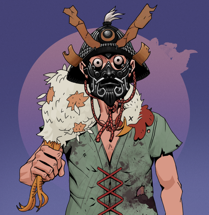 Drooling Azuma — Degen Dojo NFT art (Shirtless Runt, Purple Night, Degens, Dirty Peasant Rags, Drooling Azuma, Black Iron Kabuto, Chicken, Mint)