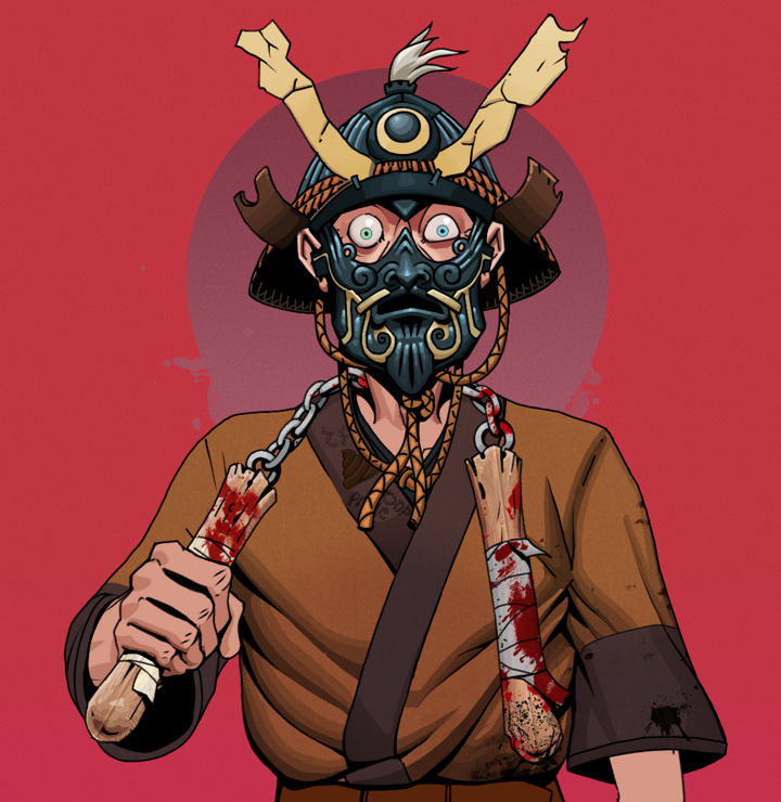 Tokuda — Degen Dojo NFT art (Shirtless Runt, Red High Moon, Degens, Poop Pride Kimono, Tokuda, Tatami Kabuto, Bloody Nunchucks, Mint)