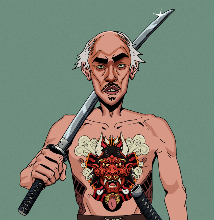 Gloomy Masumi — Degen Dojo NFT art (Shirtless Runt, Olive Green, Degens, Red Oni Tattoo, Gloomy Masumi, Kung Fu Master, Katana, Mint)