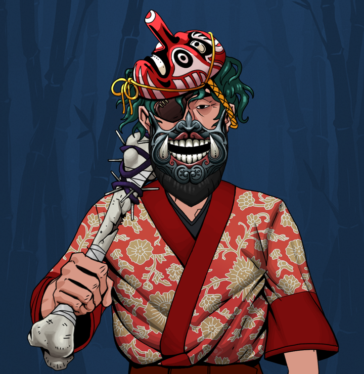 Igor The Veteran — Degen Dojo NFT art (Shirtless Runt, Night Forest, Degens, Silken Sunflower Kimono, Igor The Veteran, Hannya Half Mask, Tengu Mask, Spiky Femur, Mint)