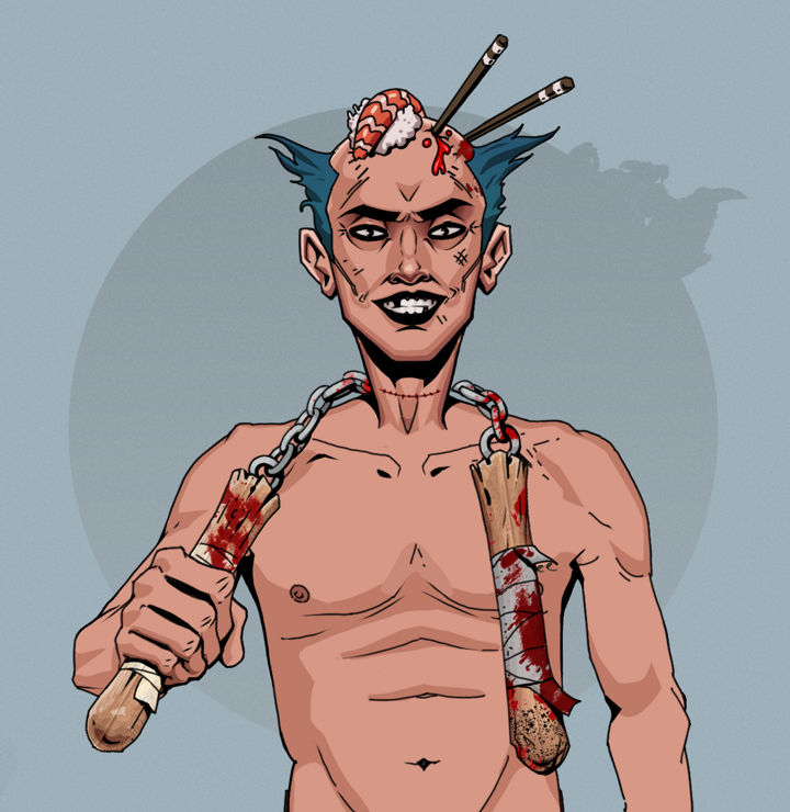 Junichiro Reborn — Degen Dojo NFT art (Shirtless Runt, Grey Mist, Degens, Nudey Freak, Junichiro Reborn, Sushi Fight, Bloody Nunchucks, Mint)