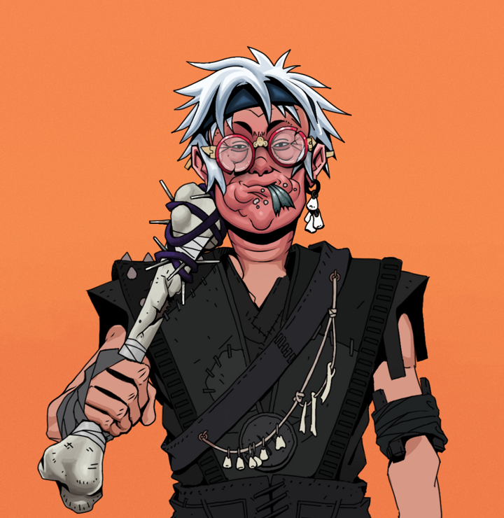 Fatty Bobsticks — Degen Dojo NFT art (Foes Teeth, Orange Afternoon, Degens, Warlock Wannabe, Fatty Bobsticks, Broken Glasses, White Ruffian, Spiky Femur, Mint)