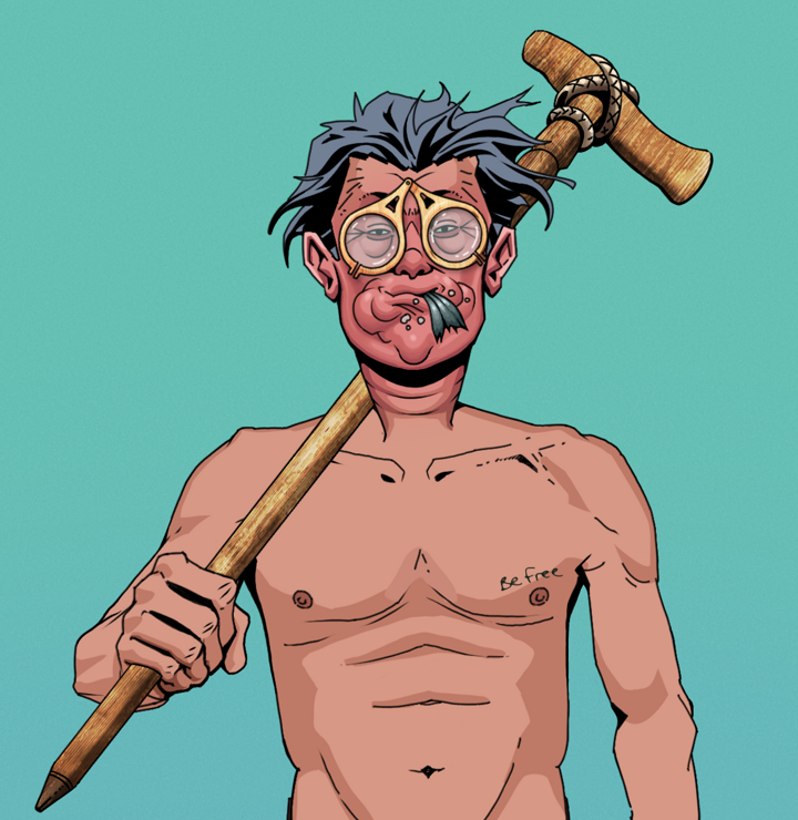 Fatty Bobsticks — Degen Dojo NFT art (Shirtless Runt, Teal Daytime, Degens, Nudey Freak, Fatty Bobsticks, Pocket Glasses, Wavy, Wooden Walking Cane, Mint)