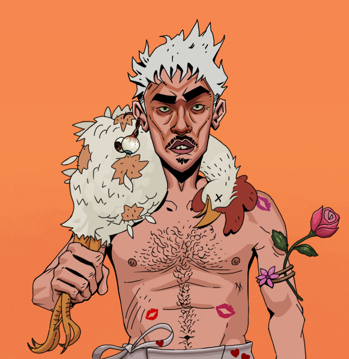 Gloomy Masumi — Degen Dojo NFT art (Shaman Eyes, Orange Afternoon, Degens, Womanizer, Gloomy Masumi, Shirtless Runt, Short Spiky Grey, Chicken, Mint)