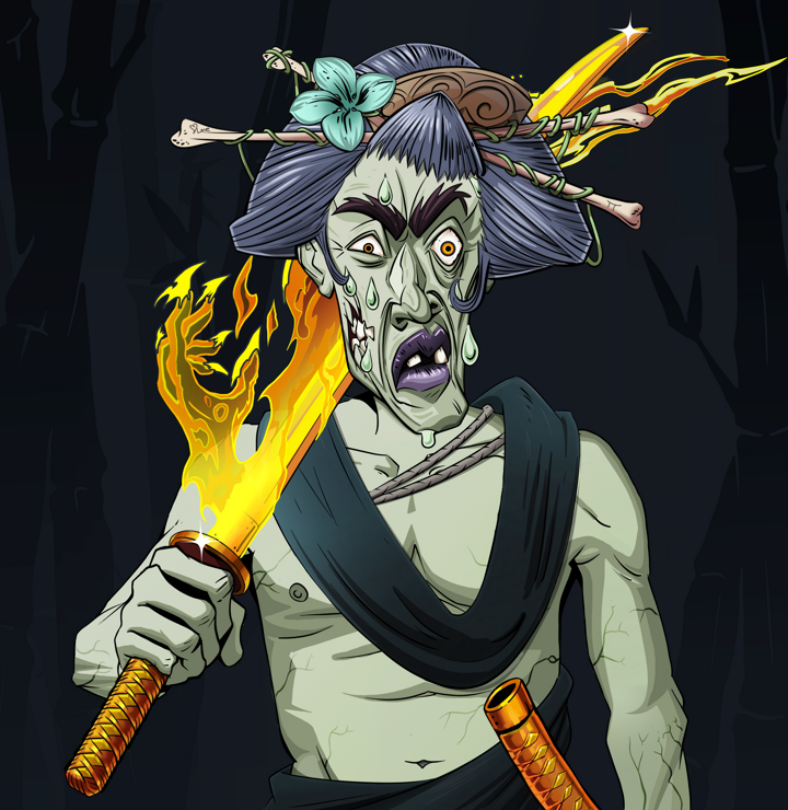 Stresshead Rin — Degen Dojo NFT art (Shirtless Runt, Night Forest, Demons, Queeny Chic, Stresshead Rin, Disheveled Geisha, Golden Katana, Mint)