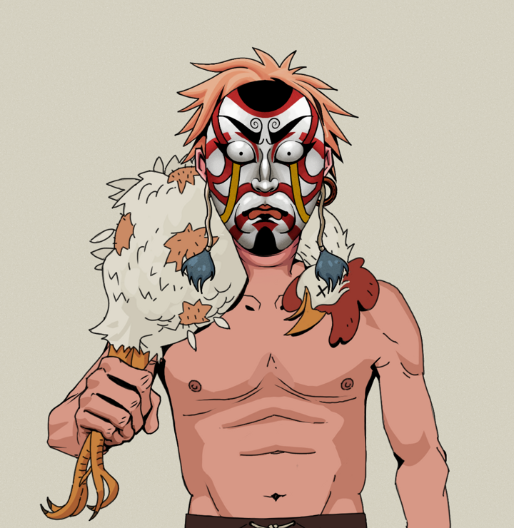 Fatty Bobsticks — Degen Dojo NFT art (Wooden Loop, Warm Grey, Degens, Shirtless Runt, Fatty Bobsticks, Kitsune Mask, Tiger Headband Ruffian, Chicken, Mint)