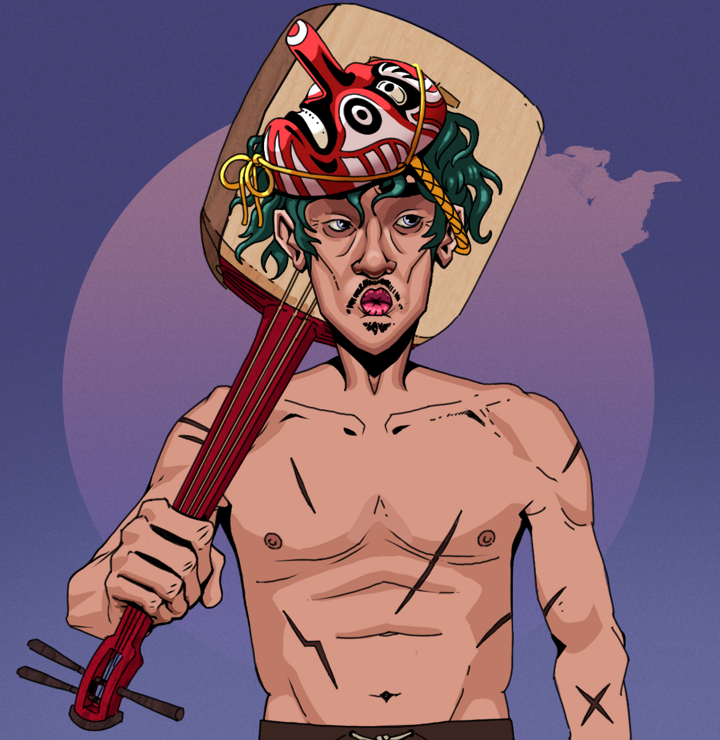 Masumi Steel — Degen Dojo NFT art (Shirtless Runt, Purple Night, Degens, Battle Scars, Masumi Steel, Tengu Mask, Shamisen, Mint)