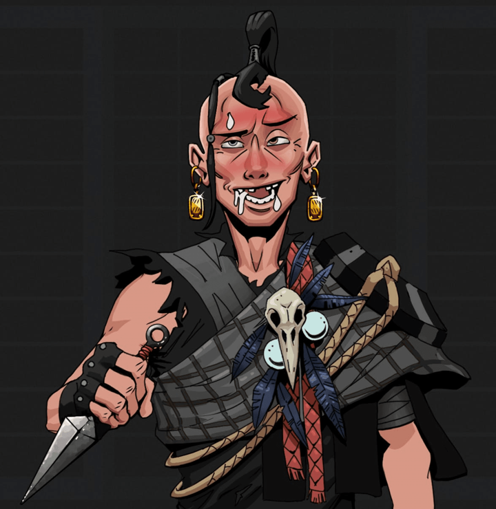 Yuuki — Degen Dojo NFT art (Gold Earrings, Shoji Night, Degens, Bird Shaman, Yuuki, Shirtless Runt, Dejen Samurai, Kunai, Mint)