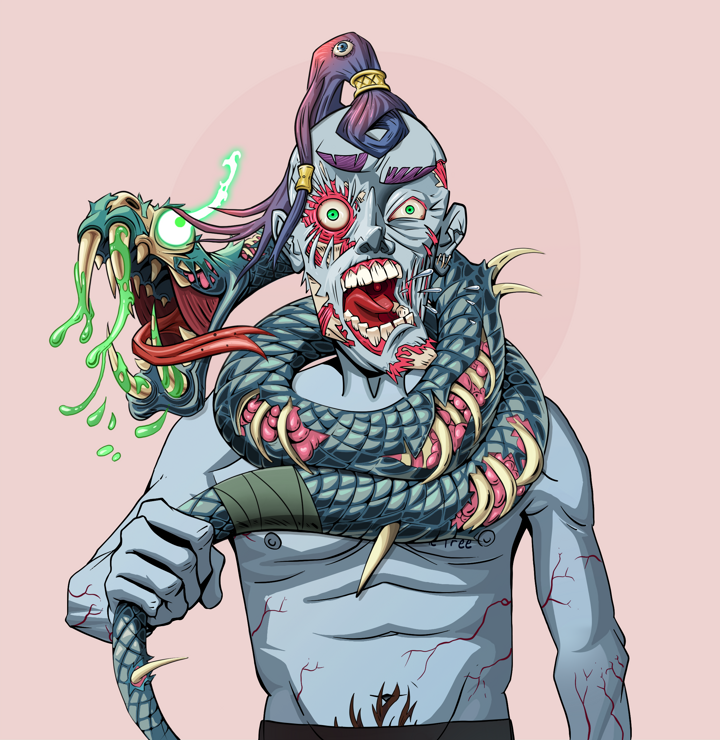 Tokuda — Degen Dojo NFT art (Shirtless Runt, Red High Moon, Demons, Nudey Freak, Tokuda, Dejen Samurai, Enchanted Snake, Mint)