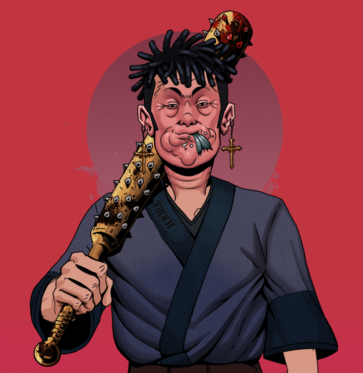 Fatty Bobsticks — Degen Dojo NFT art (Jesuit Crosses, Red High Moon, Degens, Fuck You Kimono, Fatty Bobsticks, Shirtless Runt, Black Bantu Knots, Yakuza Club, Mint)