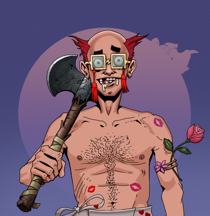 Drooling Azuma — Degen Dojo NFT art (Shirtless Runt, Purple Night, Degens, Womanizer, Drooling Azuma, Shoji Tassel Glasses, Red Heihachi, Axe, Mint)
