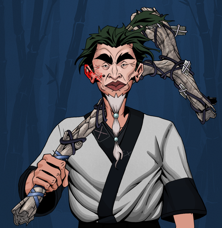Yuji The Wise — Degen Dojo NFT art (Shirtless Runt, Night Forest, Degens, Katana Kimono, Yuji The Wise, Messy Ponytail, Large Branch, Mint)