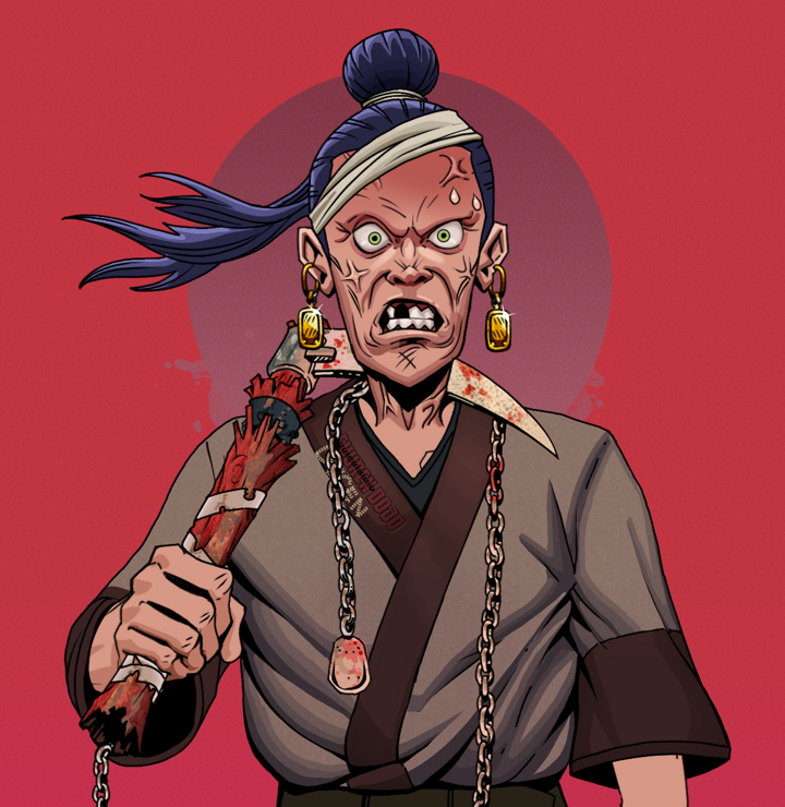 Angry Ikari — Degen Dojo NFT art (Gold Earrings, Red High Moon, Degens, Degen Dojo Kimono, Angry Ikari, Shirtless Runt, Long Flowing, Rusty Kusarigama, Mint)