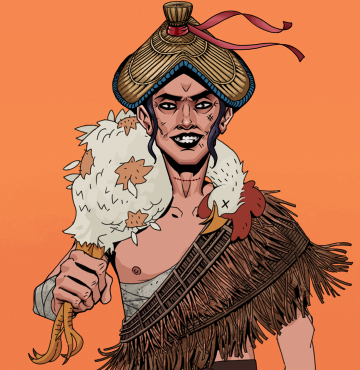 Junichiro Reborn — Degen Dojo NFT art (Shirtless Runt, Orange Afternoon, Degens, Dried Straw, Junichiro Reborn, High Straw Rice Hat, Chicken, Mint)