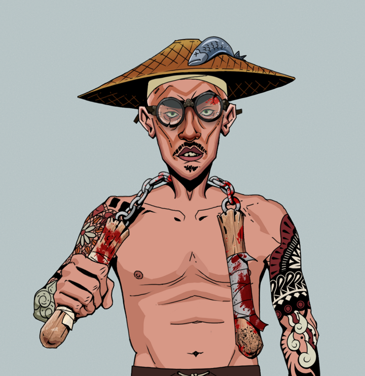 Gloomy Masumi — Degen Dojo NFT art (Shirtless Runt, Light Grey, Degens, Yakuza Tattoo Sleeves, Gloomy Masumi, Bloodied Glasses, Wide Kasa Fisherman, Bloody Nunchucks, Mint)