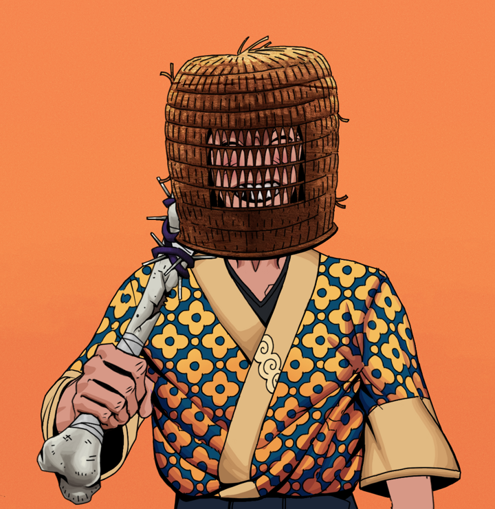 Cheery Haru — Degen Dojo NFT art (Shirtless Runt, Orange Afternoon, Degens, Yellow Flowers Silk Kimono, Cheery Haru, Tengai Basket, Spiky Femur, Mint)