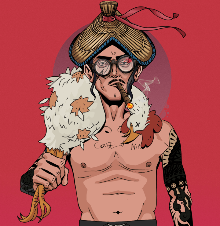 Raikou The Stoner — Degen Dojo NFT art (Shirtless Runt, Red High Moon, Degens, Black Yakuza Sleeves, Raikou The Stoner, Bloodied Glasses, High Straw Rice Hat, Chicken, Mint)