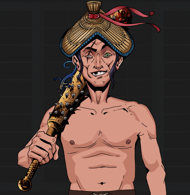 One-Eyed Itsuki — Degen Dojo NFT art (Lizard, Shoji Night, Degens, Shirtless Runt, One-Eyed Itsuki, High Straw Rice Hat, Yakuza Club, Mint)