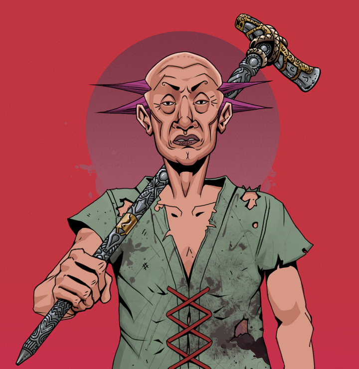 Goro — Degen Dojo NFT art (Shirtless Runt, Red High Moon, Degens, Dirty Peasant Rags, Goro, Dejen Mohawk, Artisan Walking Cane, Mint)