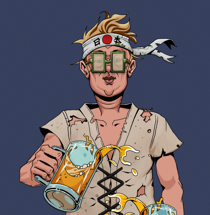 Fat Bob — Degen Dojo NFT art (Shirtless Runt, Blue Evening, Degens, Rice Sack Rags, Fat Bob, Shoji Glasses, Karate Headband, Beer Splash, Mint)