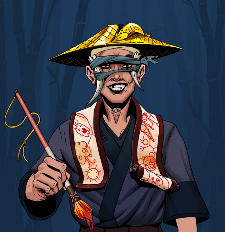 Junichiro — Degen Dojo NFT art (Shirtless Runt, Night Forest, Degens, Fuck You Kimono, Junichiro, Tied Horns, Golden Kasa Fisherman, Paintbrush, Mint)