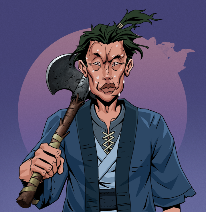 Stresshead Rin — Degen Dojo NFT art (Shirtless Runt, Purple Night, Degens, Blue Warrior Kimono, Stresshead Rin, Messy Ponytail, Axe, Mint)