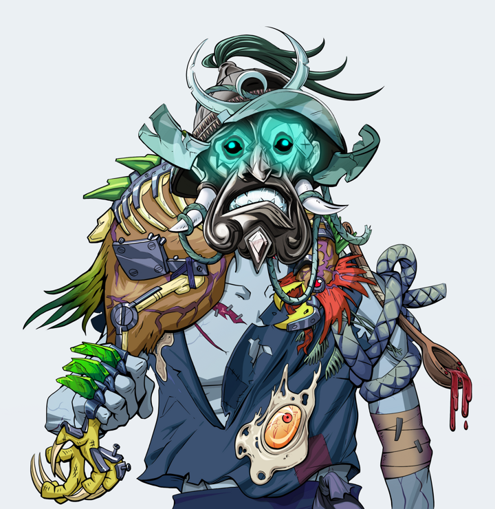 Tokuda — Degen Dojo NFT art (Shirtless Runt, Light Grey, Demons, Glutton Fight, Tokuda, Black Iron Kabuto, Chicken, Mint)