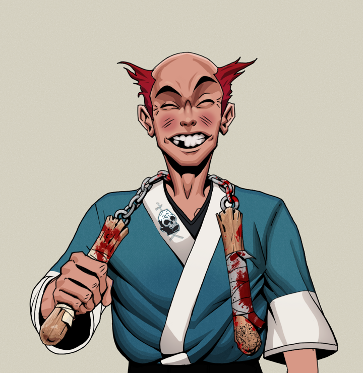 Cheery Haru — Degen Dojo NFT art (Shirtless Runt, Warm Grey, Degens, Skull Kimono, Cheery Haru, Red Heihachi, Bloody Nunchucks, Mint)