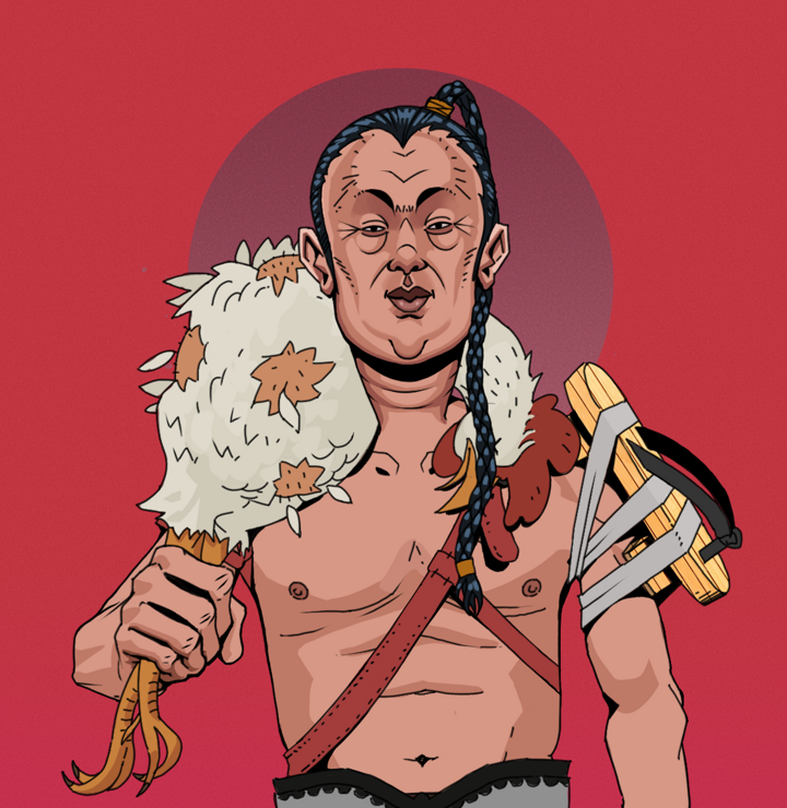 Fat Bob — Degen Dojo NFT art (Shirtless Runt, Red High Moon, Degens, Strap On Geta, Fat Bob, Braided Samurai Ponytail, Chicken, Mint)