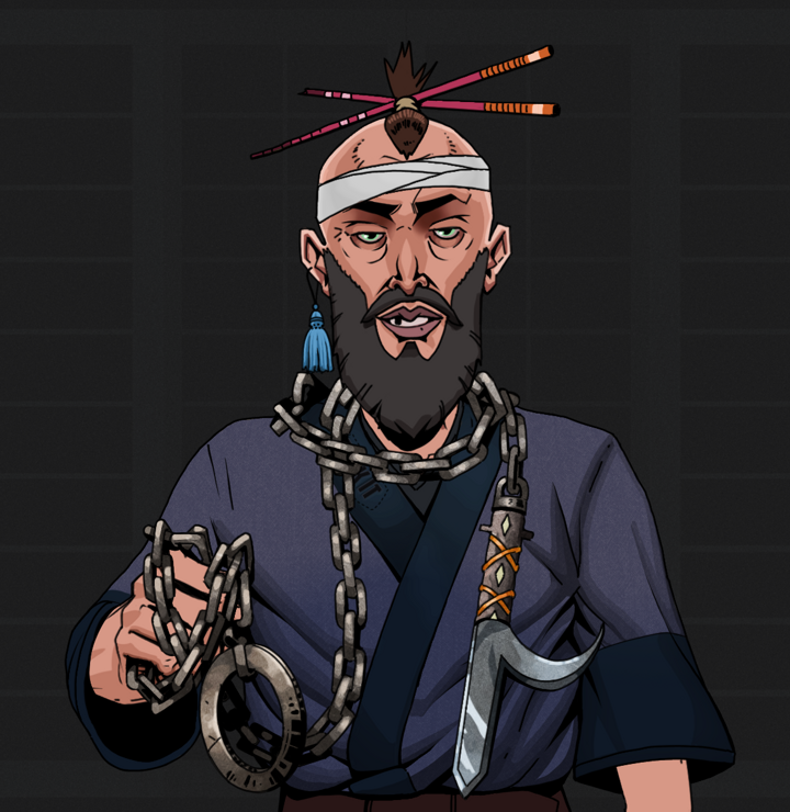 Serious Oleg — Degen Dojo NFT art (Tassel, Shoji Night, Degens, Fuck You Kimono, Serious Oleg, Shirtless Runt, Hair Bun With Chopsticks, Heavy Kyoketsu, Mint)